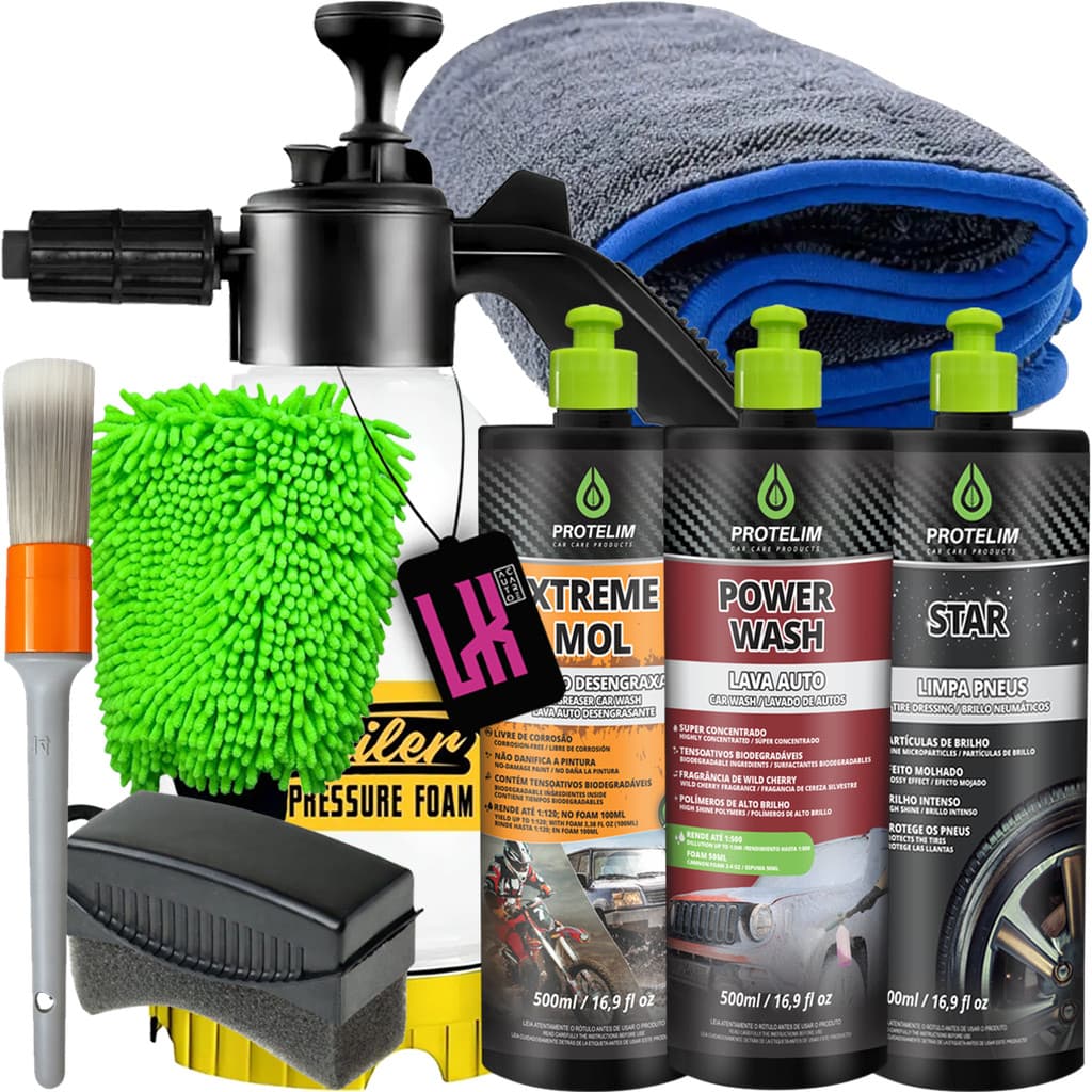 Kit Lavagem Completa Protelim Snow Foam Manual 2l Shampoo Desengraxante Neutro Pneu Pretinho Toalha