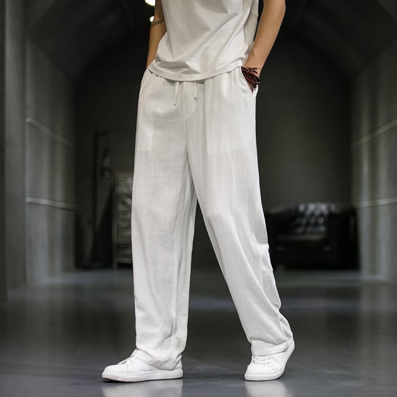 Calças de linho estilo chinês calças masculinas verão fino Retro tamanho grande solto em linha reta calças de perna larg