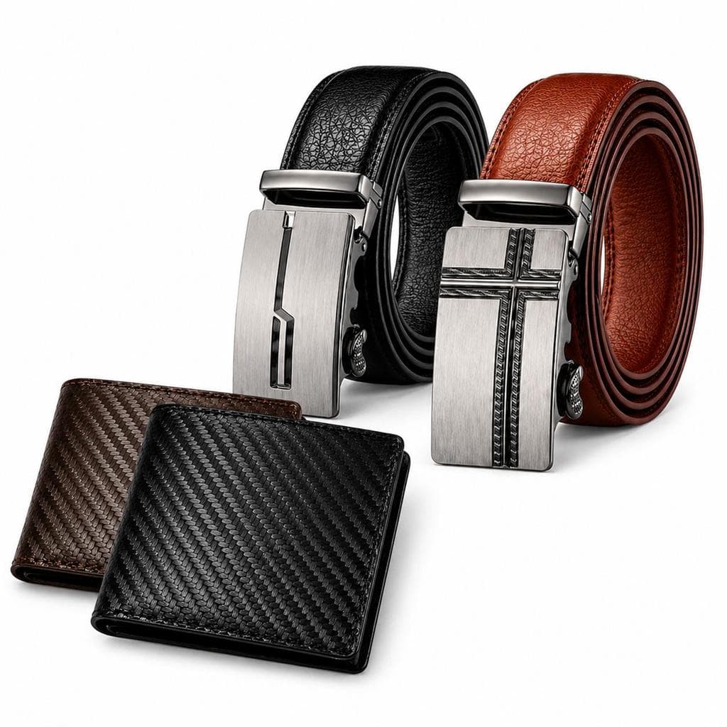 oferta! Kit Cinto Automático + Carteira Masculina Slim Premium | Couro Texturizado Preto e Marrom