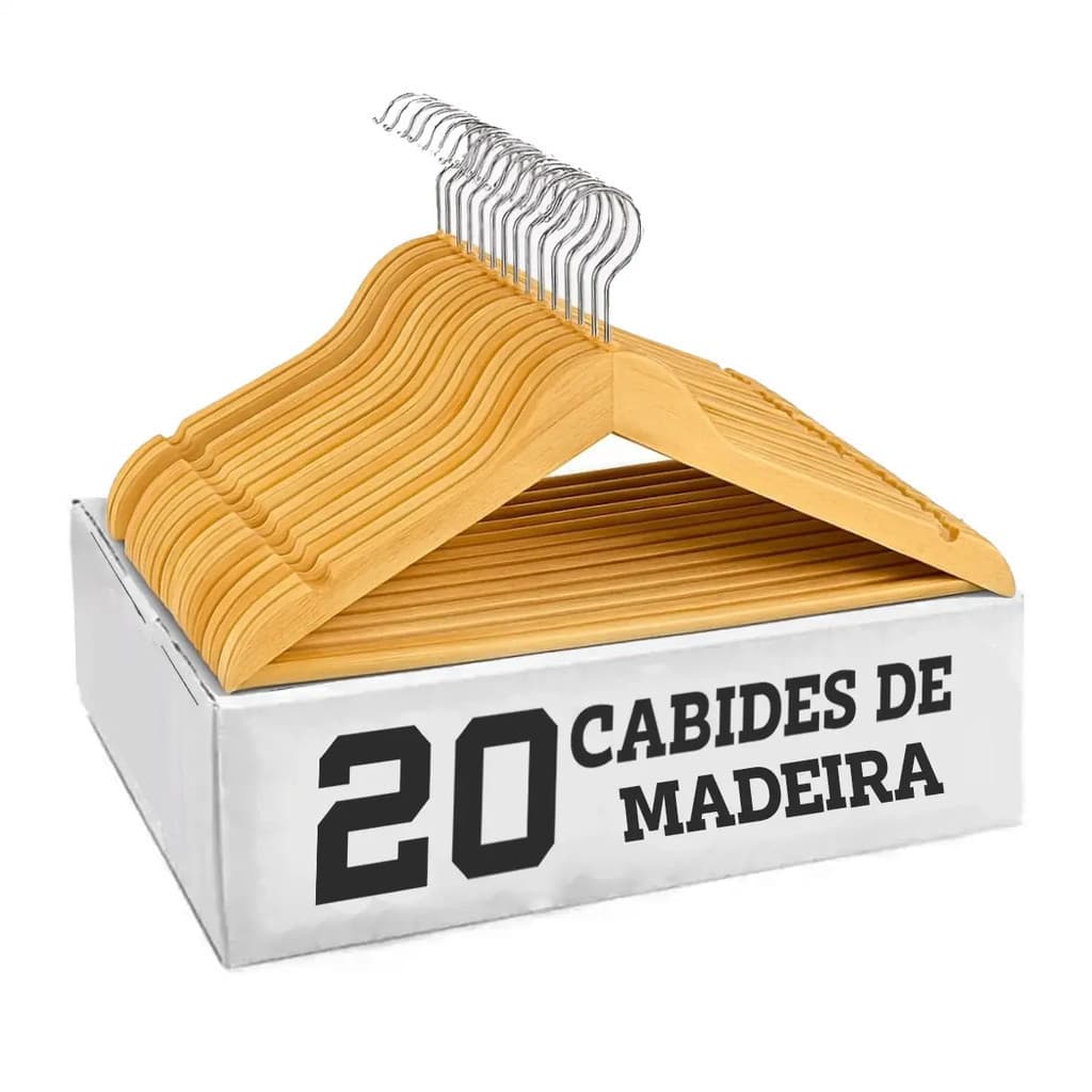 Kit Cabide De Madeira 20 Uni Adulto Grande Antideslizante Marfim