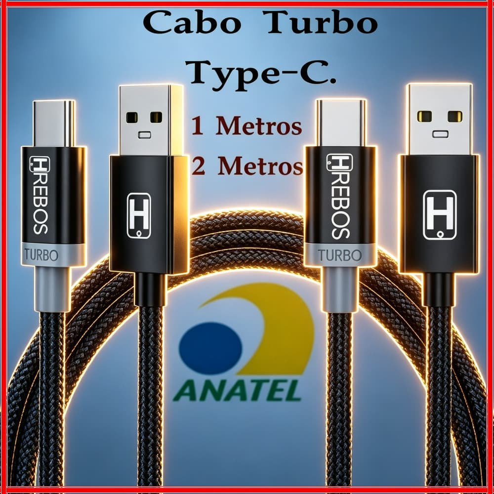 Cabo Tipo-cTurbo 3.1A Carregamento Rápido  Preto – 1 e 2 metros HRebos original  HS-26 HS-100