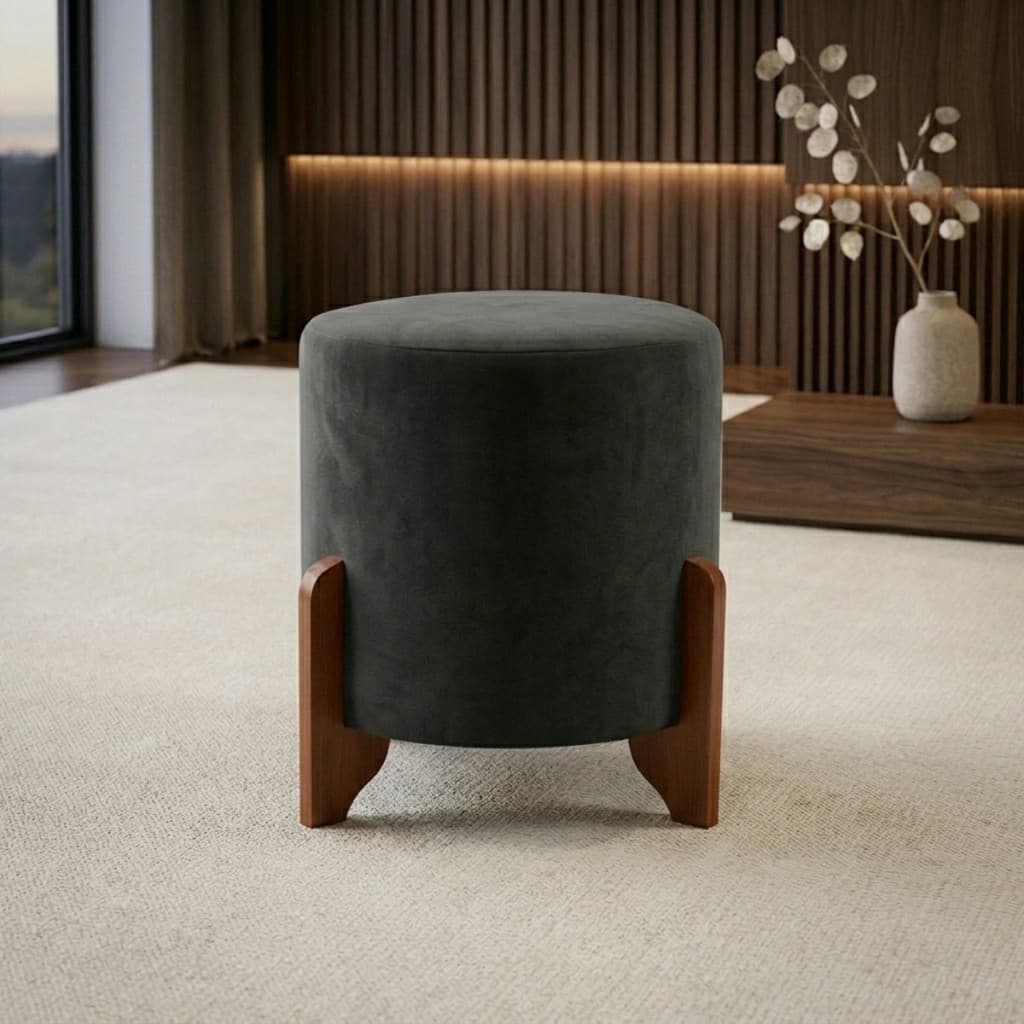 Puff Banqueta Veludo Pé Madeira Maciça Premium Luxo Para Apoio Decoração Momentos Com A Familia