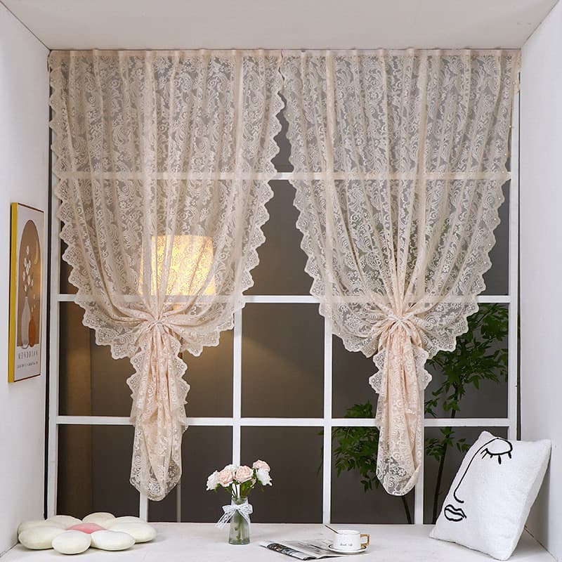 Cortina de gaze Bay janela interior aberto janela contas francês Retro Velcro perfuração-livre renda Pastoral cortina po