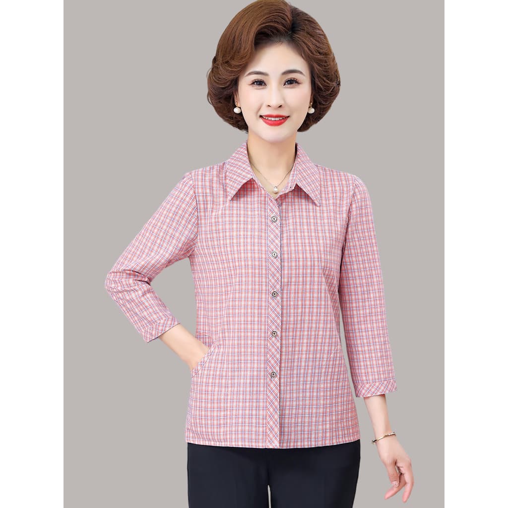 Camisa xadrez de algodão puro para mulheres idosas de meia-idade manga de três quartos Top solto Casual Cardigan mãe cam