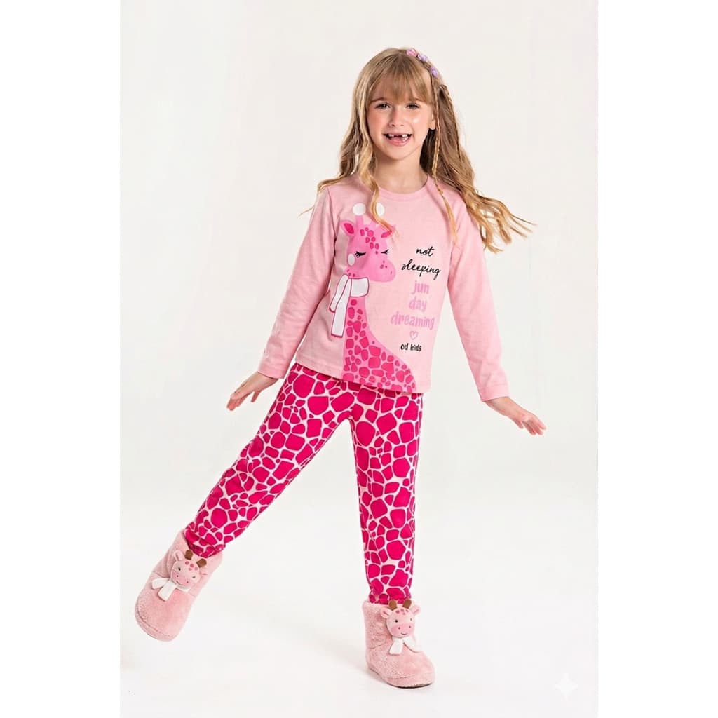 Conjunto Pijama Infantil Feminino Girafa Sonhadora Manga Longa Confortável - Rosa | ED KIDS
