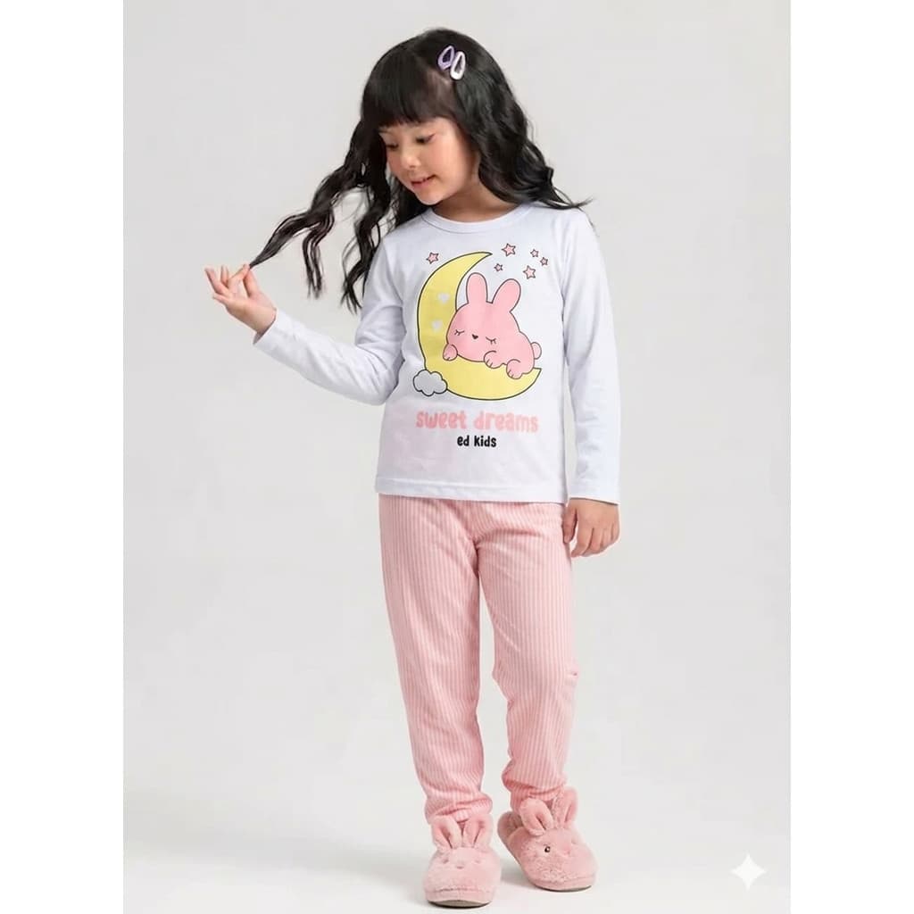 Conjunto Pijama Infantil Feminino Coelhinho Sonhos Manga Longa Confortável - Branco