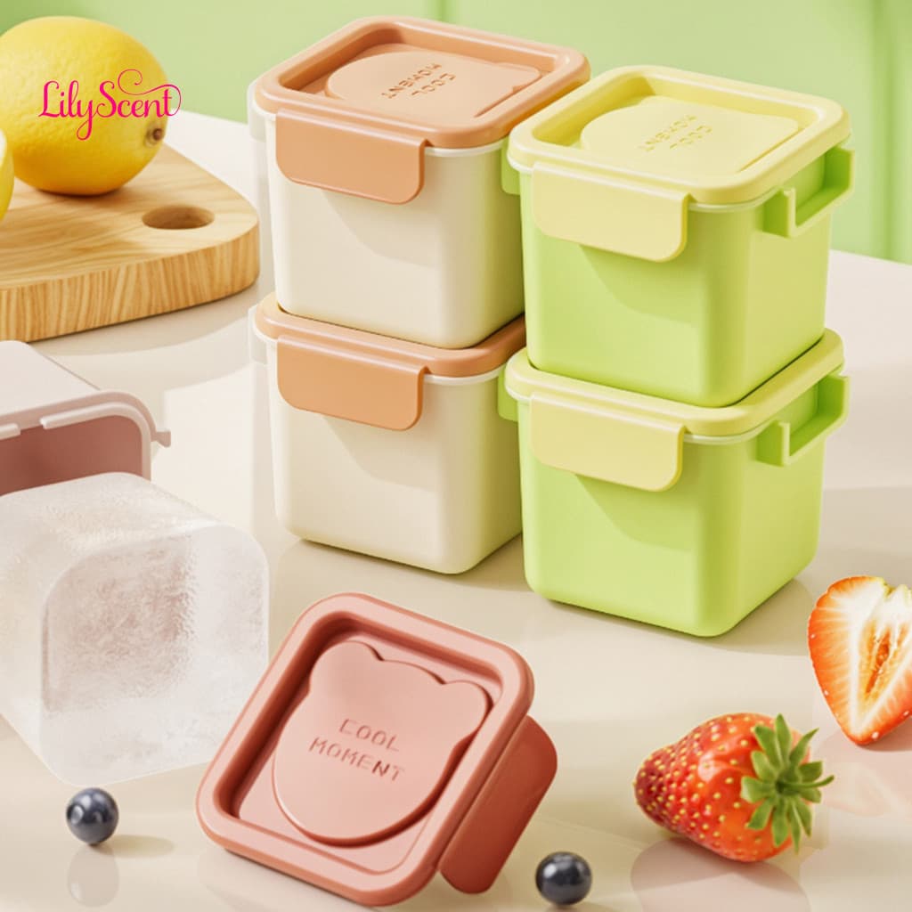 Mini Ice Cube Tray Small Food Storage Box 3pcs Square Trays with Sealed Lids – Odor-free Grade Pp Maker for Kitchen Dr