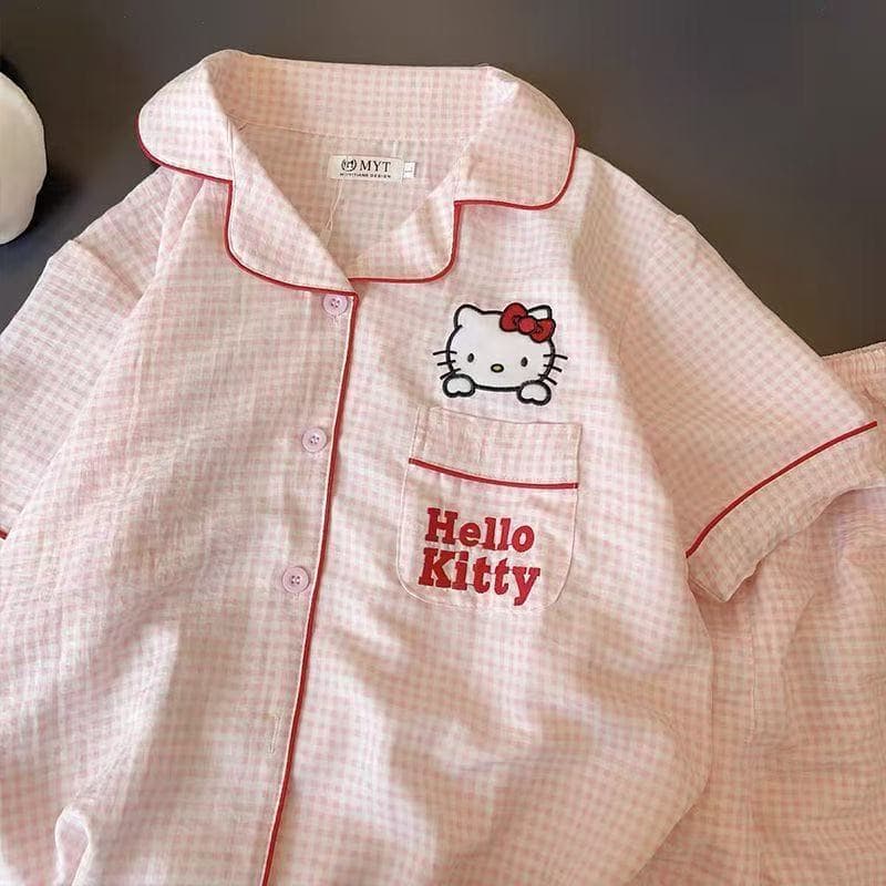 Hello Kitty Xadrez Colud Pijama De Algodão Feminino Pijamas Macios Para Mulher Tiros De Manga Curta