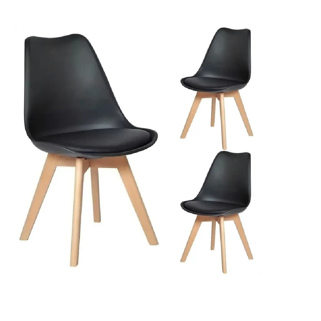 Kit 3 Cadeiras Eames Leda CSS Estofada PU Base Madeira Preta