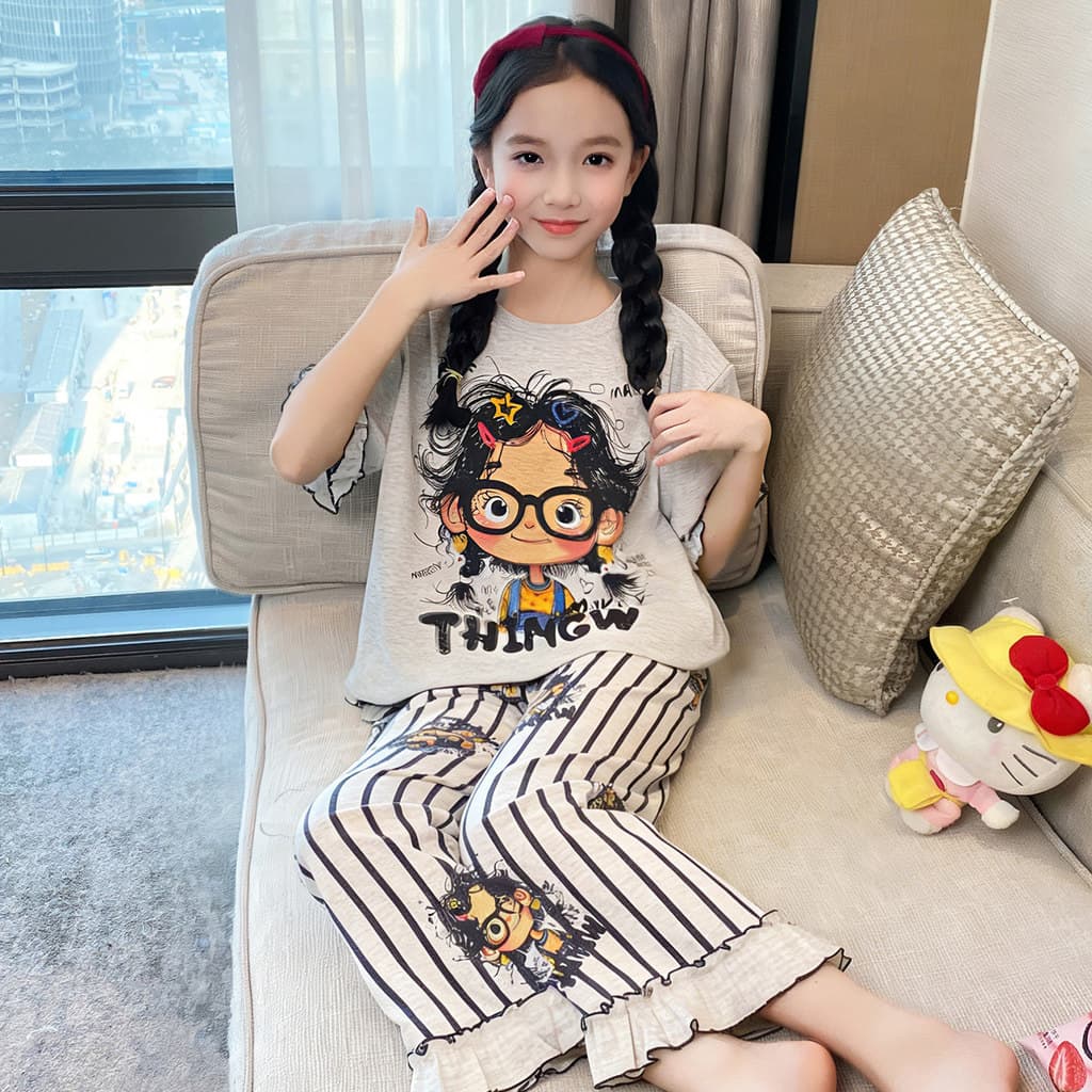 Meninas calças de manga curta pijamas crianças verão Modal dos desenhos animados Homewear terno meninas verão ar condici