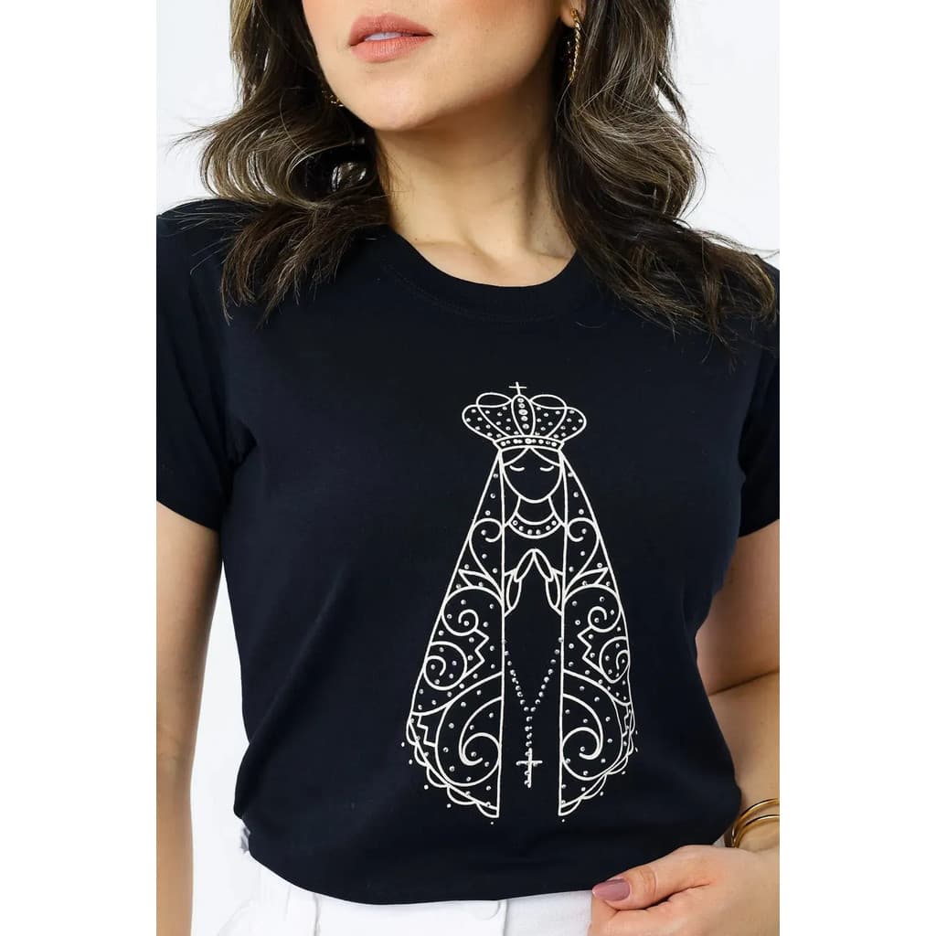 CAMISA FEMININA T-SHIRT MODA CATÓLICA NOSSA SENHORA APARECIDA COM STRASS CASUAL 100% ALGODÃO LEVE