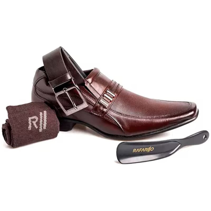 Kit 4 Em 1 Sapato Social Masculino Rafarillo Original Em Couro Marrom Cinto Meia Calçadeira 34011
