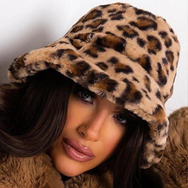 Chapéu De Pescador Com Estampa De Leopardo , Versátil , Quente , Bacia , Inverno , Pelúcia , Balde , Boné De Caça Chapea