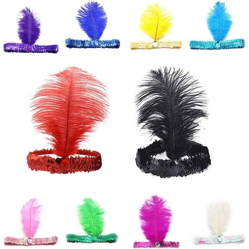 1920s Flapper Headpiece Sequins Feather Headpiece Women Vintage Rhinestones 1920s Carnival Party Accessory 10pcs (Multi-