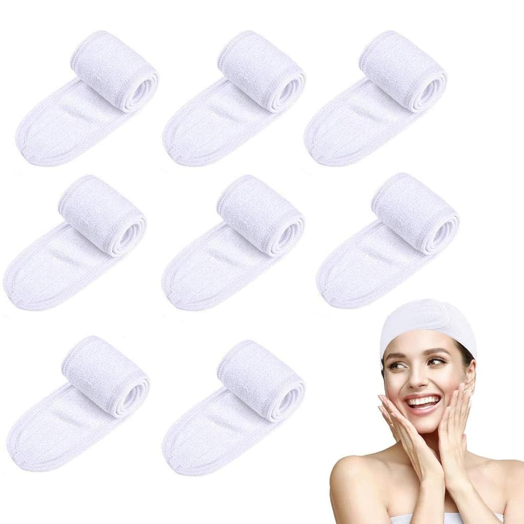 Faixa de Cabelo de Spa em Tecido Elástico Branco, Pacote com 8 Faixas Laváveis para Maquiagem com Fecho de Velcro