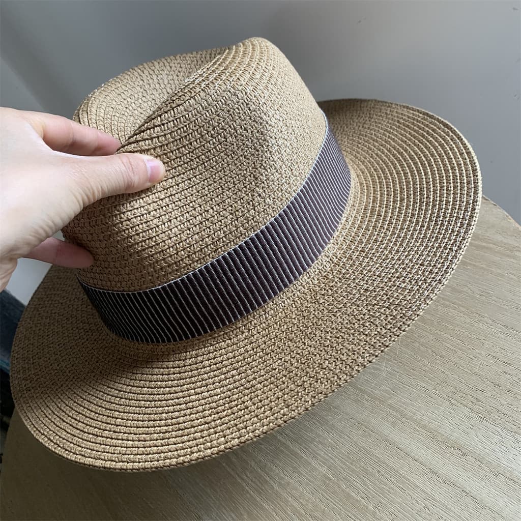 Verão masculino feminino café cor listrado chapéu superior panamá aba plana chapéu de palha guarda-sol chapéu de praia c