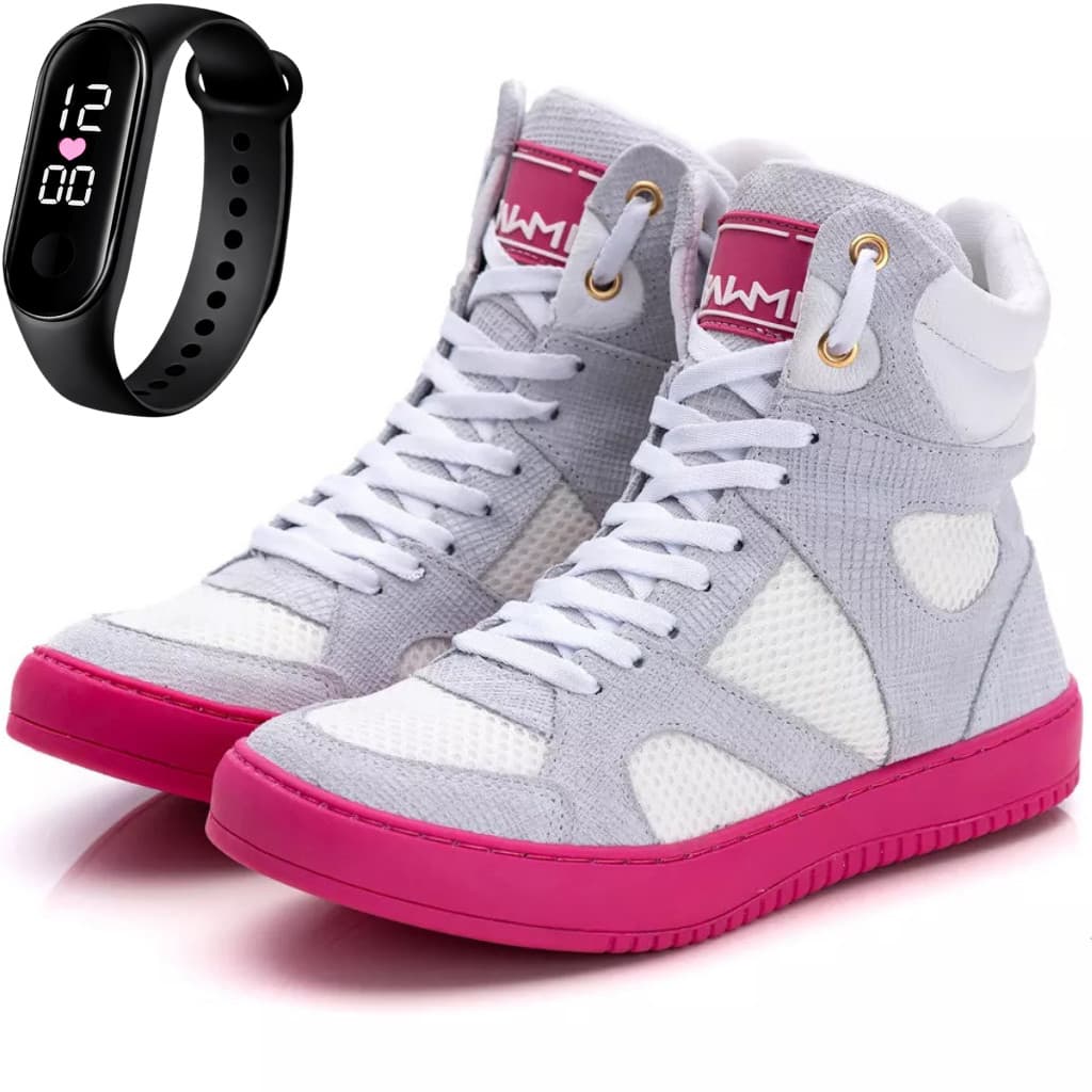 Tênis Botinha Academia Feminino Couro Cano Alto Treino Musculação Sneaker com Relógio