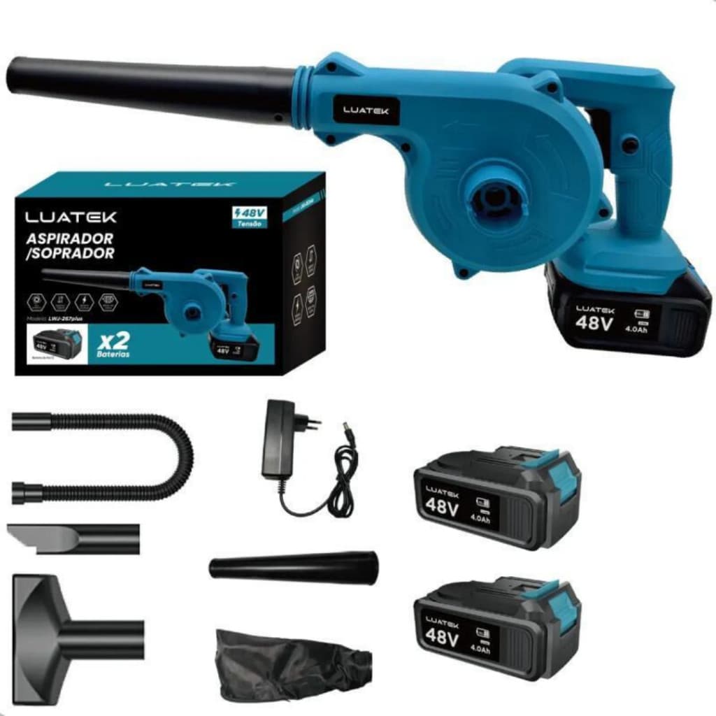 Soprador Aspirador Elétrico 48V 2 Baterias para Folhas,Resíduos,Casa e Carro