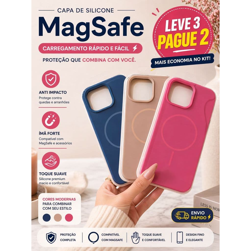Kit 2 ou 3 Capas iPhone Silicone MagSafe Colorida Anti Queda Case Premium 17 Pro Max 16 15 14