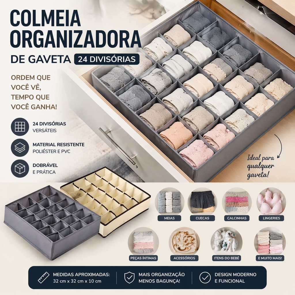 Organizador Dobrável 24 Compartimentos para Roupas Íntimas Meias Cuecas Calcinhas Gavetas