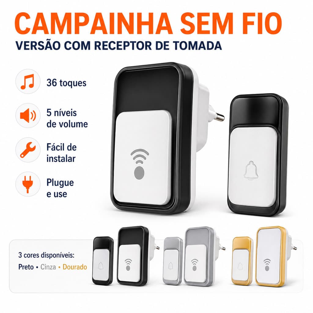 Campainha Sem Fio Com Receptor De Tomada 36 Toques 5 Níveis De Volume Fácil Instalação Para Casa Apartamento Escritório