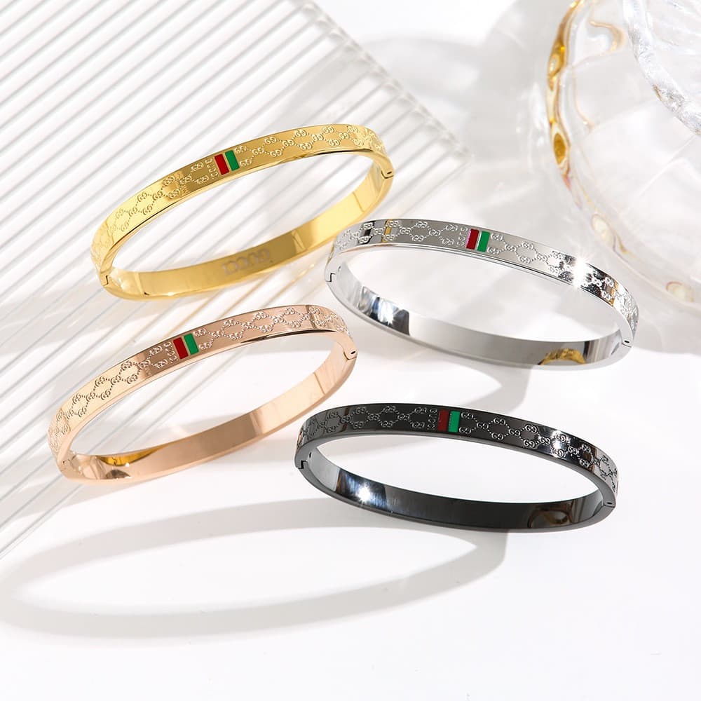 Ht Titanium Steel Retro Double G Red Green Bar Bracelet Homens Casais Mulheres Pulseira Padrão de Aço Inoxidável High-En