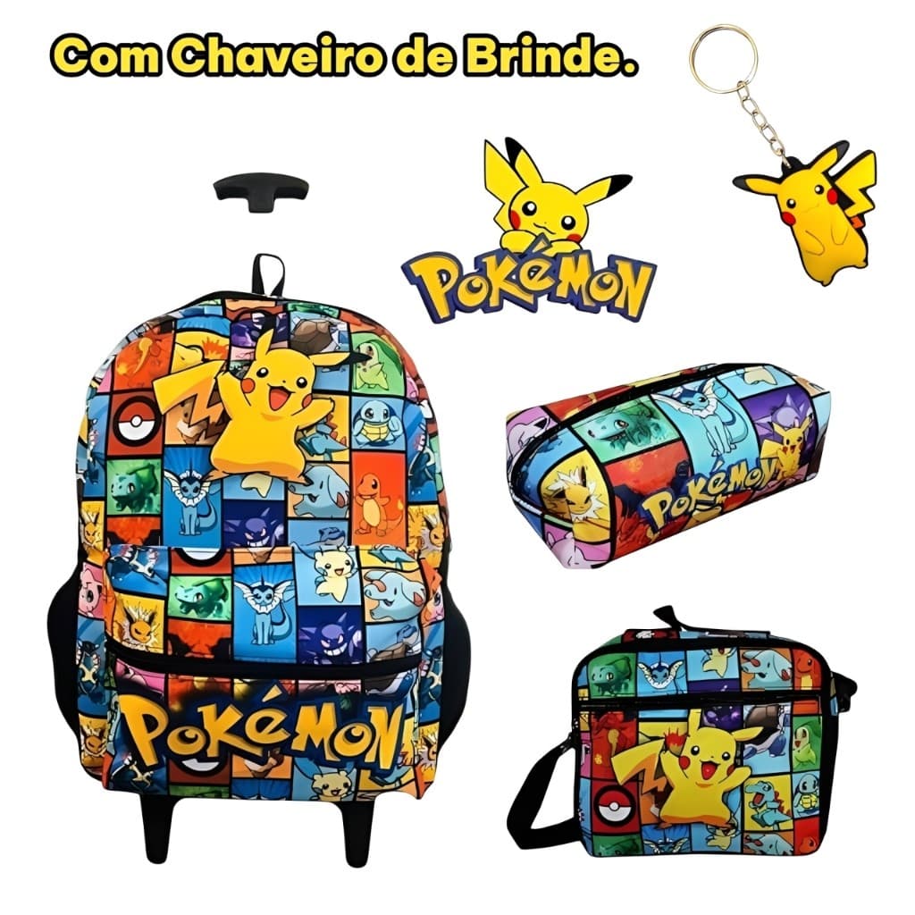 Mochila Rodinha Pokemon Kit Conpleto Lancheira e Estojo Com Chaveiro