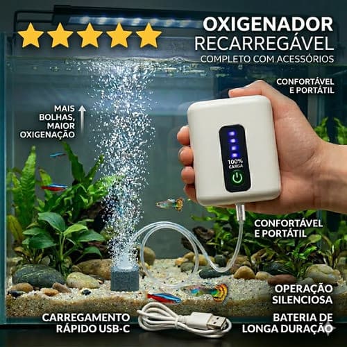 Oxigenador Aquário USB Recarreável 12h Bomba de Ar Silenciosa