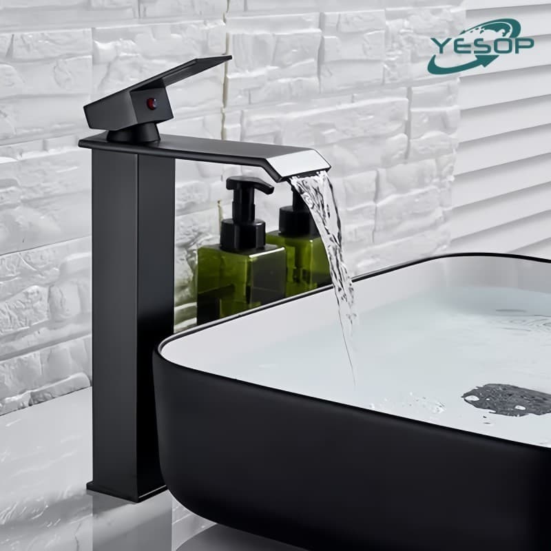 YESOP Torneira Banheiro Cascata Quadrado Alta 30cm Misturador Monocomando Preto Fosco