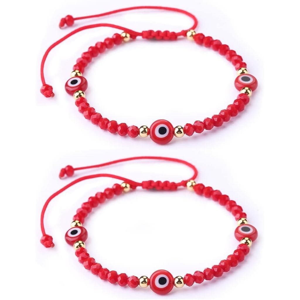 Pulseiras de Olho Turco com Contas para Mulheres - Pulseira Amuleto de Proteção Azul e Vermelha - Pulseiras Ajustáveis d