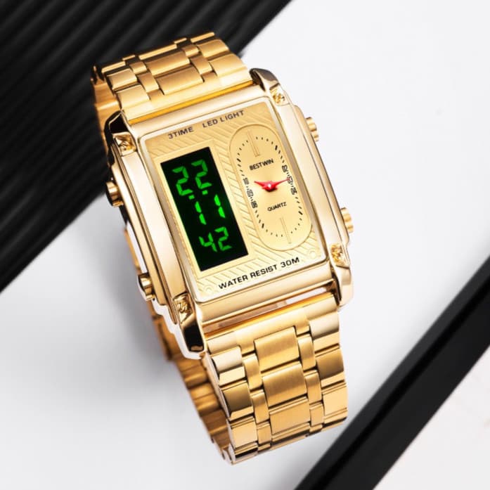 Relógios Masculinos Dourados , Pulseira De Aço Inoxidável , Display Duplo , Digitais Esportivos Para Homens , Cronógrafo