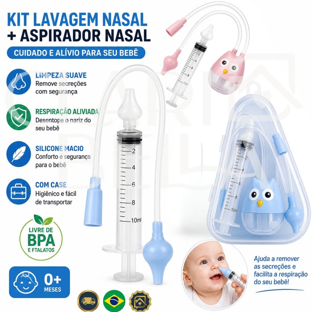 Kit Lavagem Nasal Bebê Aspirador Silicone BPA Free com Case - Seringa Nasal + Aspirador Nasal