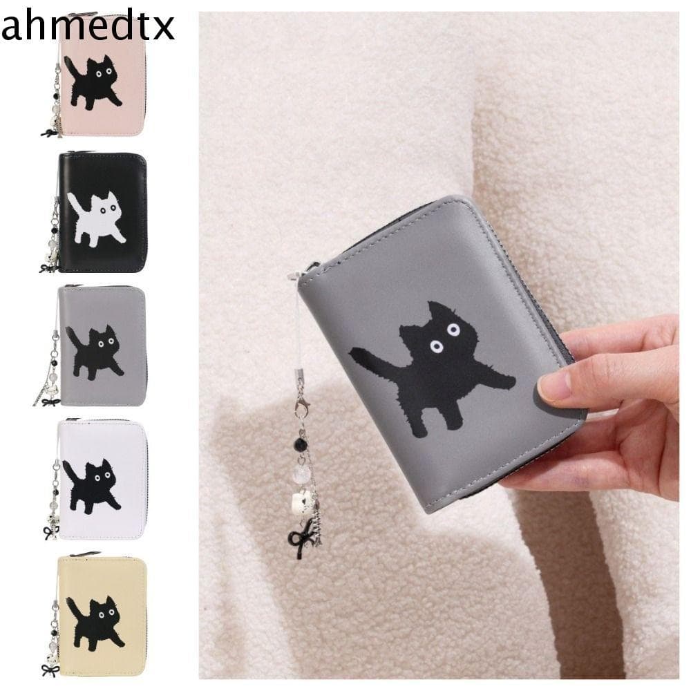 Bolsa Para Cartão De Órgão AHMEDTXB , Carteira De Gato De Desenho Animado Com Zíper , Porta-Moedas Cartões De Couro Mult