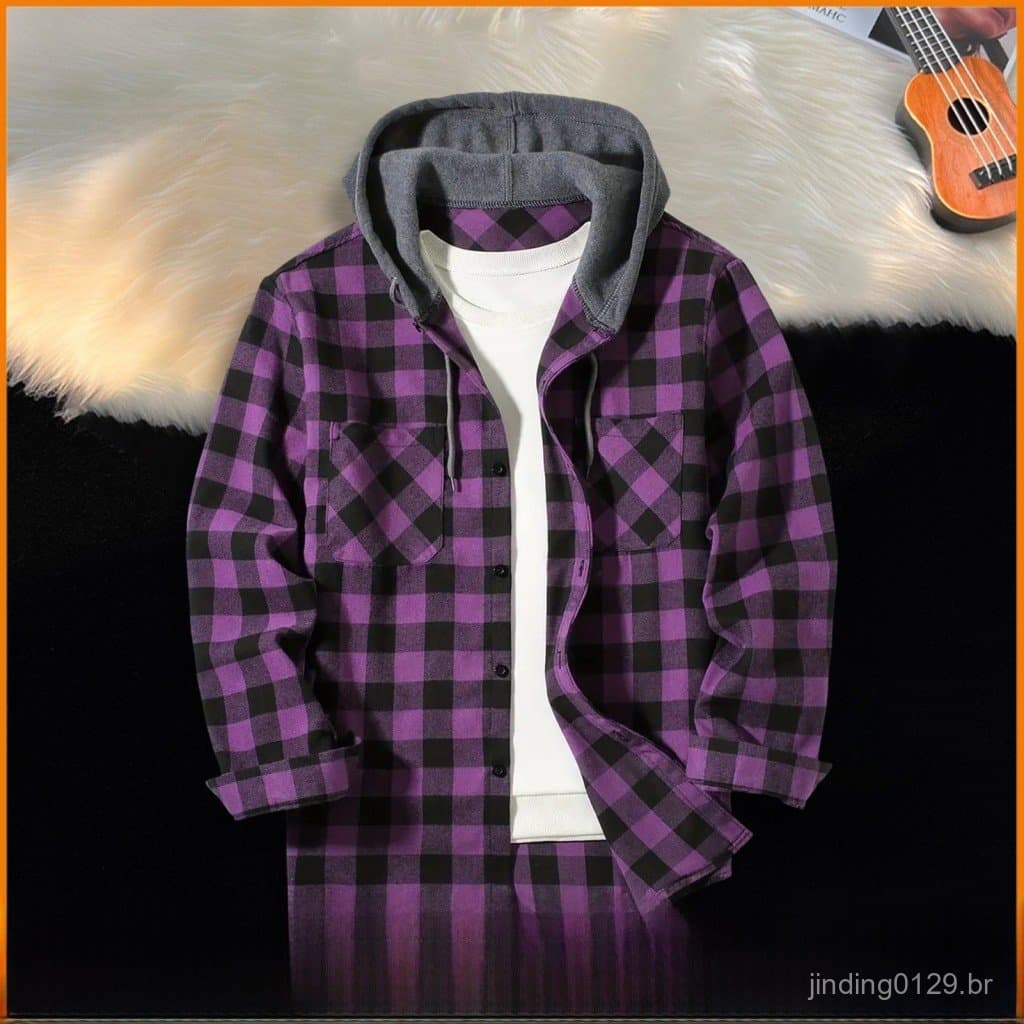Camisa De Flanela De Algodão Masculina Casaco Masculino Xadrez Com Capuz Para Uso Diário Design Elegante De Manga