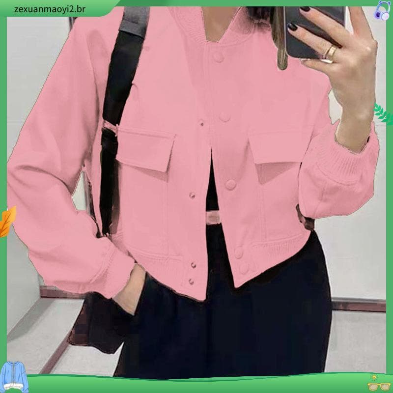 2024 Outono e inverno novo casaco europeu e americano com gola alta, bolso grande, jaqueta de estilo feminino pequena ja