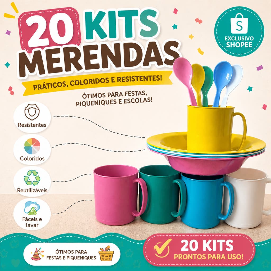 20 kits caneca prato colher de plástico resistente barato
