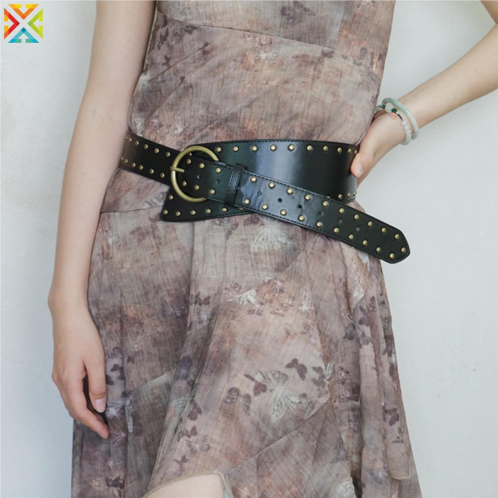 Y2K Rebite Irregular Cinto Largo Feminino Punk Retro Couro Do Plutônio Cintura Tempero Menina Jeans Vestido Decoração