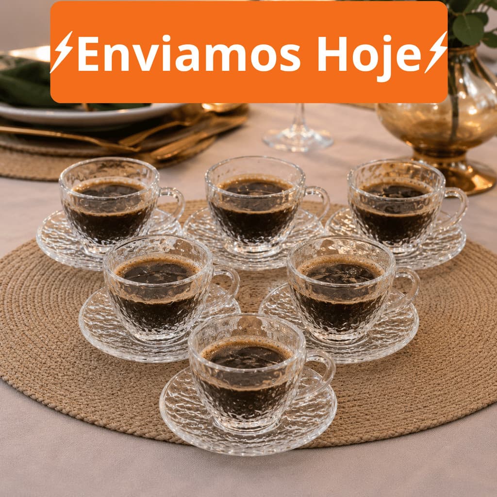 Jogo de Xícara com Pires 8 ate 24 Peças Cafe e Cha Brasiliano Transparente Vidro 90ml Decorada Luxo