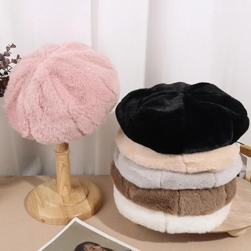 Boina Feminina de Pelo de Coelho Retrô para Outono Inverno, Chapéu Quente, Moda Feminina, Boina de Pelúcia em Cor Pura,
