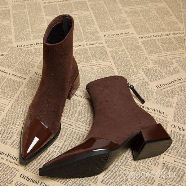 Botas femininas elegantes de salto grosso e bico fino de alta qualidade, adequadas para todos os tipos de pés (para pés