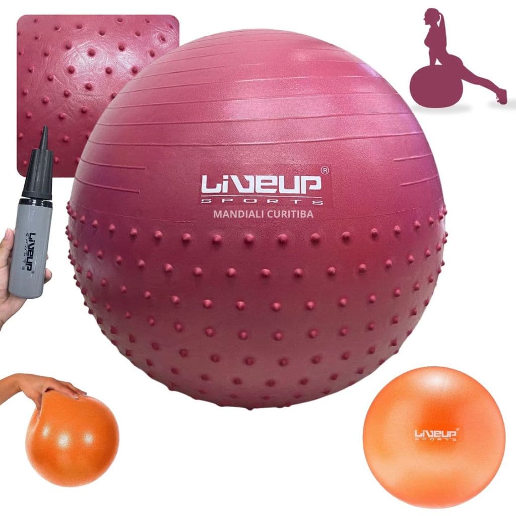 Kit Bola Cravo Massage Ball 65cm Pilates + Mini Bola Overball 25cm + Inflador