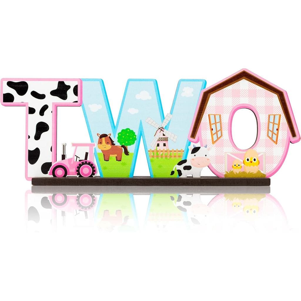 Centro de Mesa Haooryx Farm - Placa de Madeira com Animais de Fazenda Rosa, Decoração de Mesa para Festa de Aniversário