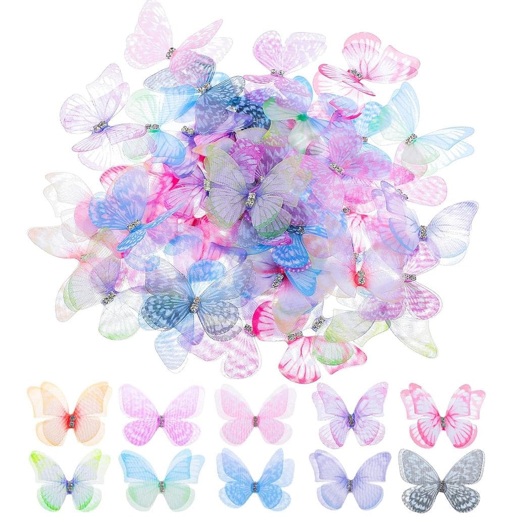60 Peças de Borboletas 3D em Tecido de Organza, 10 Estilos, Apliques de Borboleta Coloridos em 2 Camadas, Borboletas Reu