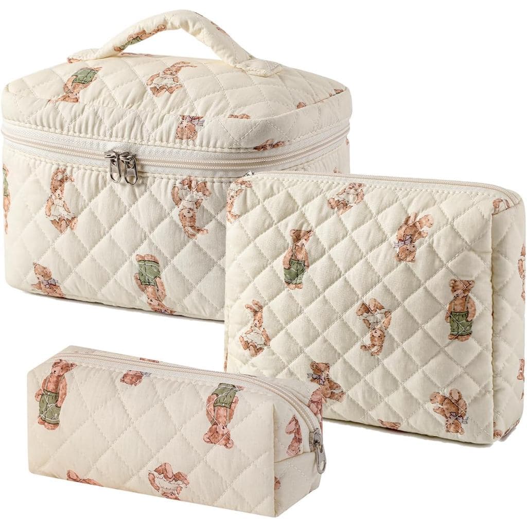 3 Peças de Necessaire de Maquiagem em Algodão Acolchoado, Bolsa de Maquiagem Floral Coquette para Mulheres e Meninas, Bo
