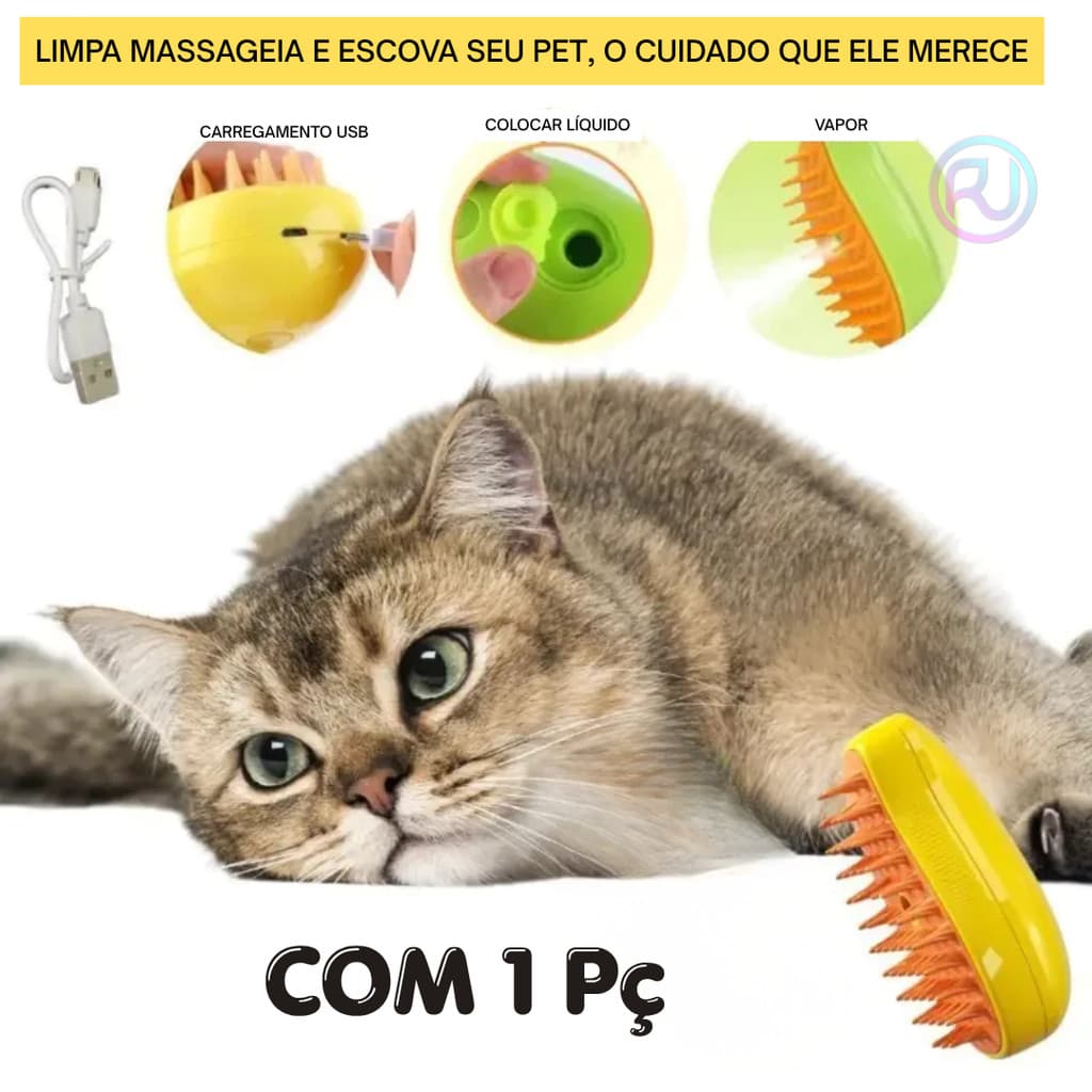 Escova Vaporizadora Pet Tira Pelos 3 em 1 Recarregável USB para Gatos e Cães Massagem Conforto