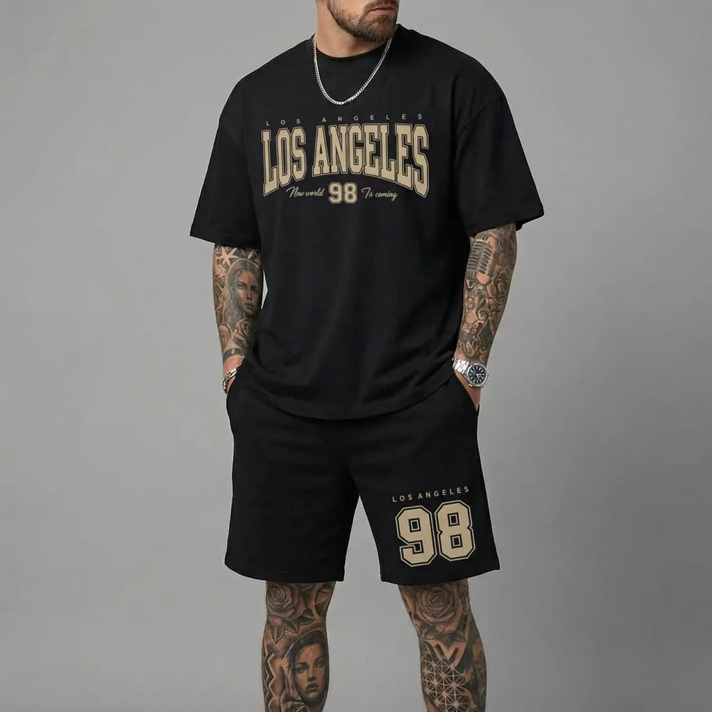 Conjunto Camiseta Over Treino Academia + Bermuda Short de Moletom Estampado Los Angeles Conforto