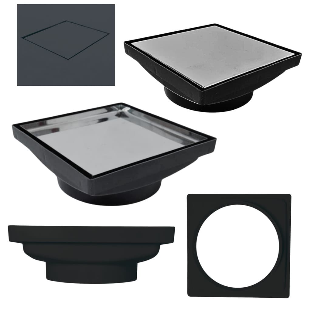 Ralo 20x20 Invisível Tampa Inox 2 em 1 Cocho Preto Saída 6 Polegadas