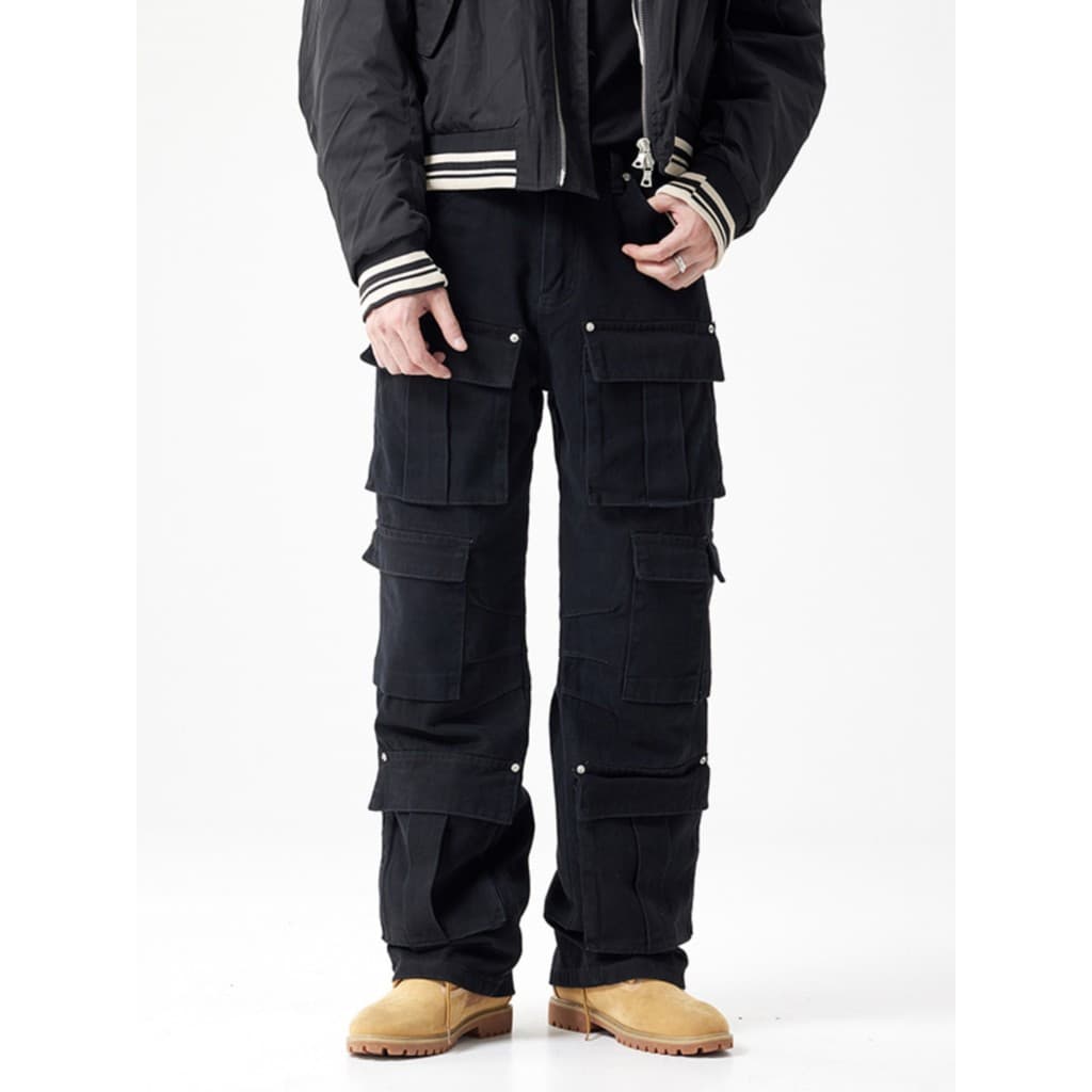 Preto Workwear costura Multi-bolso Jeans masculino Street Wear solto em linha reta Casual motocicleta calças compridas o