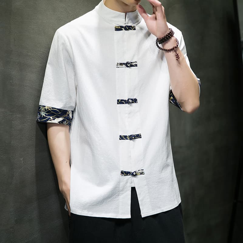 Camisa de linho masculina de manga curta estilo chinês melhorado Hanfu chinês Retro Tang terno meia manga topo verão cam