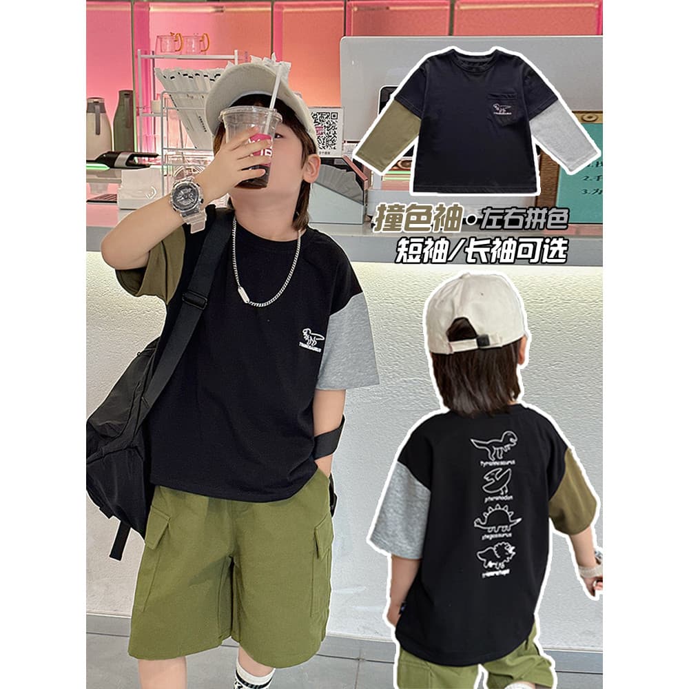 Chá mãe roupas infantis dinossauro manga curta topo meninos primavera verão outono férias camiseta de duas peças bebê pu
